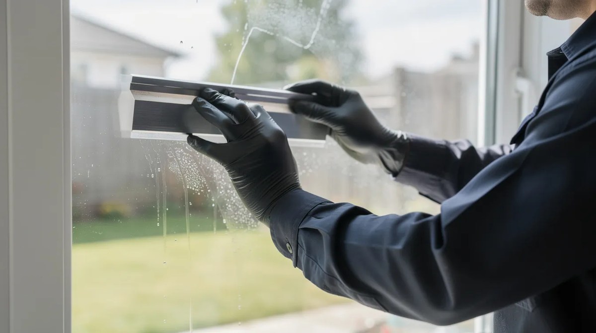 A professional applying window film to a clean residential glass pane. This window tinting process enhances energy efficiency by blocking harmful UV rays and reducing glare, while allowing natural light to illuminate the home.
