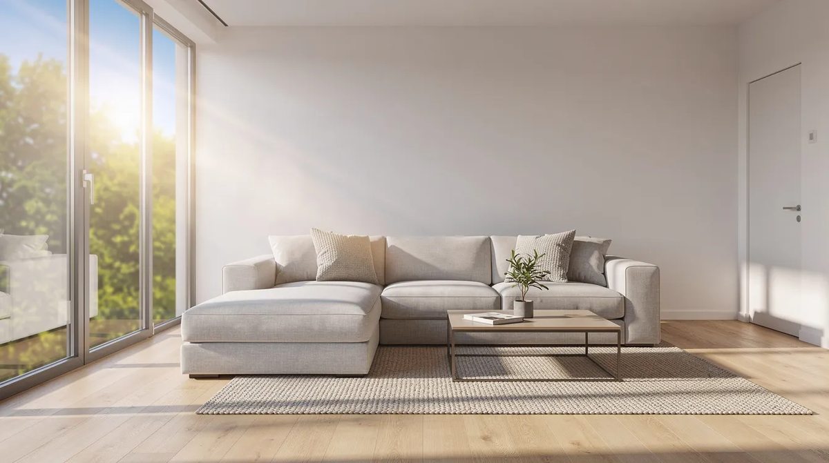 A bright living room with sunlight streaming through large windows, creating a warm and inviting atmosphere. The space features stylish furnishings, and could benefit from Coolvu window film for enhanced energy efficiency and UV protection.