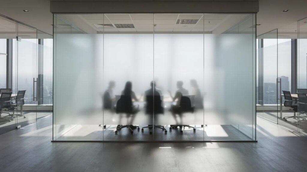 The image depicts a frosted glass conference room bathed in soft natural light that filters through high-quality window film, providing privacy while people meet inside. This setup not only enhances the aesthetics of the commercial space but also offers benefits such as glare reduction and protection from harmful UV rays.