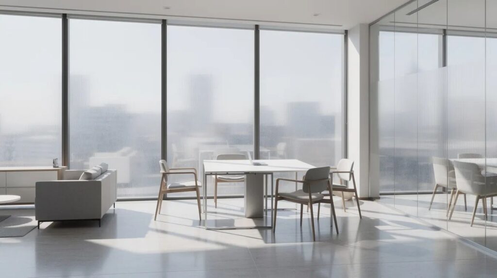 The image features modern office windows with sunlight gently filtered through tinted glass, creating a bright yet comfortable atmosphere. The tinted windows not only enhance the aesthetic appeal of the space but also provide energy-efficient benefits by reducing glare and protecting against harmful UV rays.