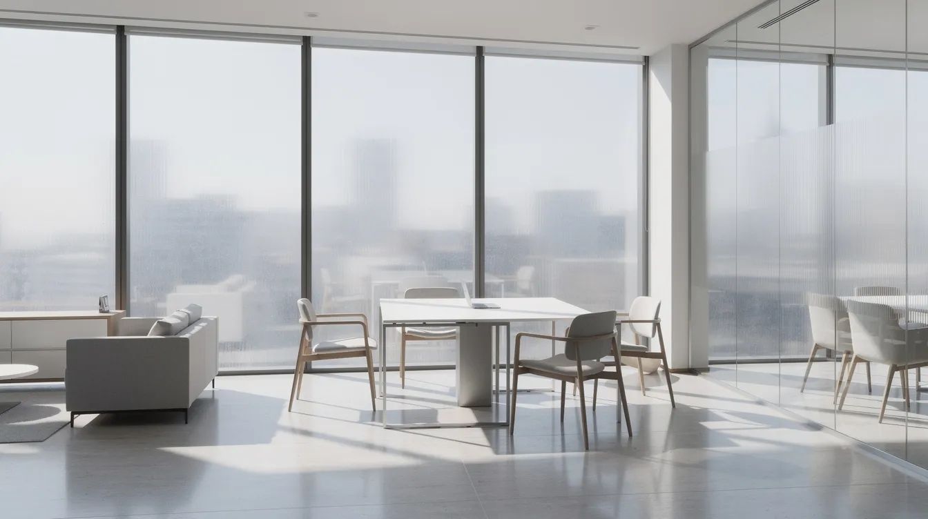 The image features modern office windows with sunlight gently filtered through tinted glass, creating a bright yet comfortable atmosphere. The tinted windows not only enhance the aesthetic appeal of the space but also provide energy-efficient benefits by reducing glare and protecting against harmful UV rays.