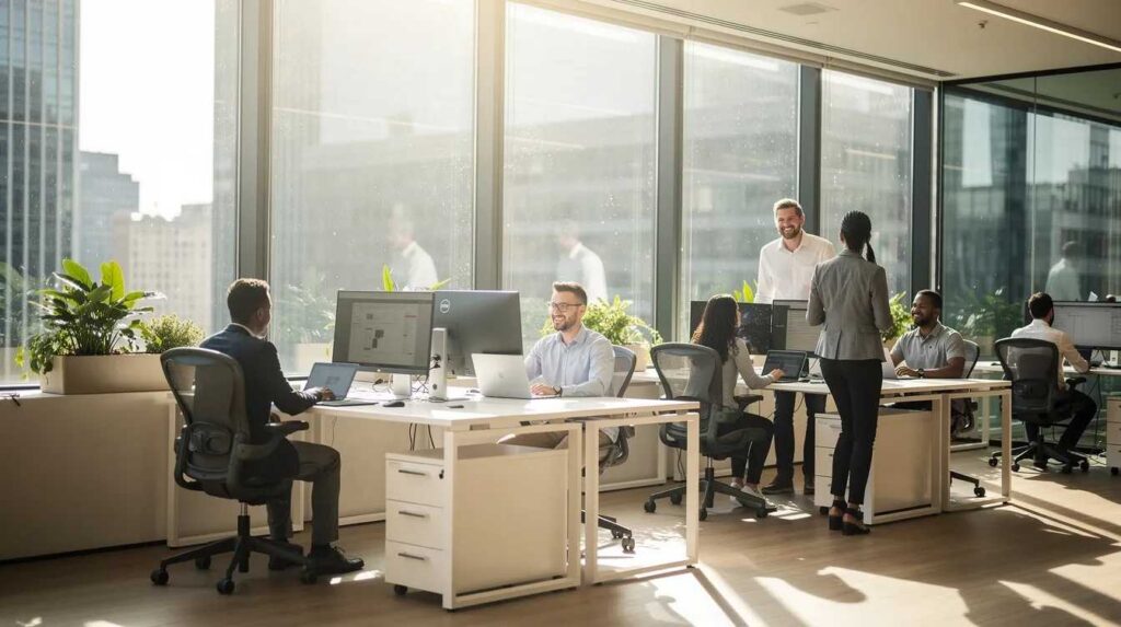 The image depicts a bright office space with large glass windows allowing sunlight to stream in, where employees are comfortably working at their desks. The scene highlights the benefits of commercial window tinting, as the tinted windows help reduce glare and block harmful UV rays, contributing to energy efficiency and a more comfortable work environment.
