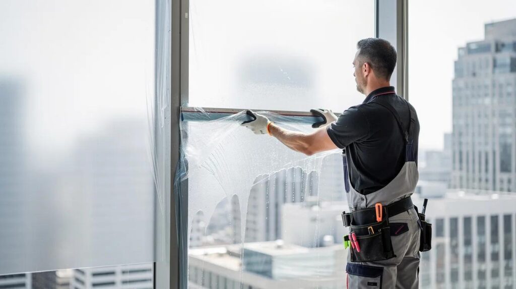 A professional window film installer is applying high-quality commercial window film to a large glass panel using a squeegee tool, ensuring a uniform appearance while blocking harmful UV rays and reducing solar heat gain. This installation process enhances energy efficiency and protects the business's interior from glare and heat, making it a valuable part of commercial window tinting services.