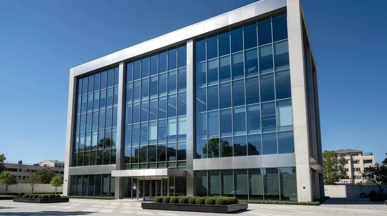 The image depicts a modern commercial office building featuring large tinted glass windows that reflect sunlight on a clear day, showcasing the benefits of commercial window tinting for energy efficiency and glare reduction. The sleek design highlights the use of high-quality window films, enhancing both the aesthetic and functional aspects of the business's exterior.