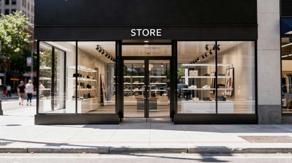 The image depicts a vibrant street-level commercial storefront featuring large glass windows that reflect bright sunlight, showcasing the modern aesthetics of the building. This storefront benefits from coolvu window film, which enhances energy efficiency by reducing solar heat gain and UV rays damage to the interior space.