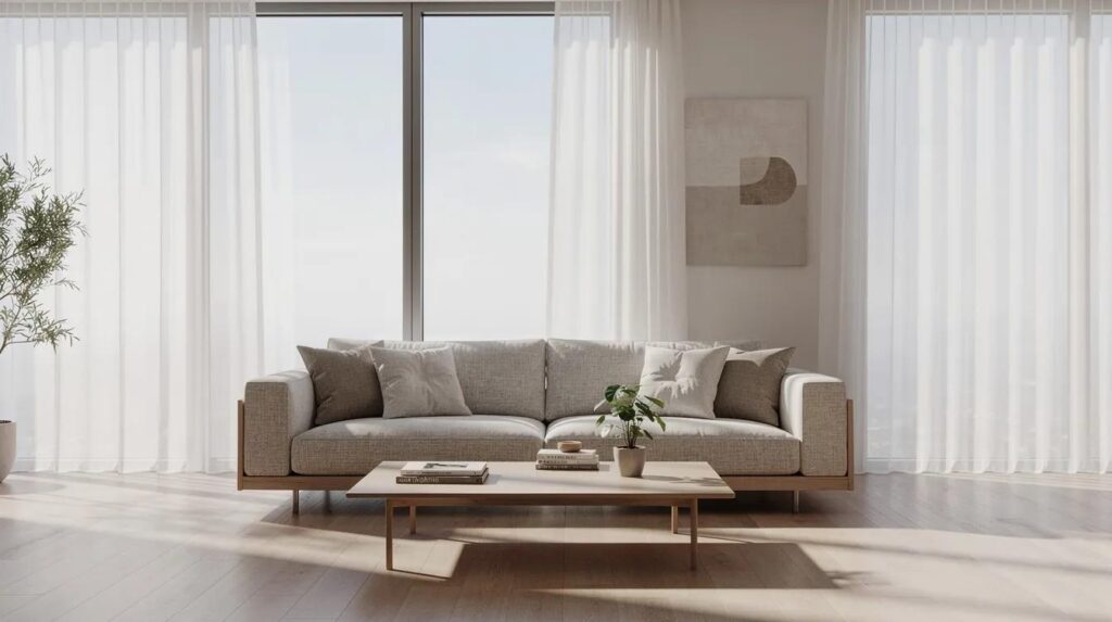 The image depicts a modern living room filled with soft natural daylight streaming through large, clear glass windows, creating a bright and inviting atmosphere. This space showcases the benefits of energy-efficient design, highlighting how innovative window films like CoolVu can enhance comfort by reducing sun glare and protecting interiors from harmful UV rays.