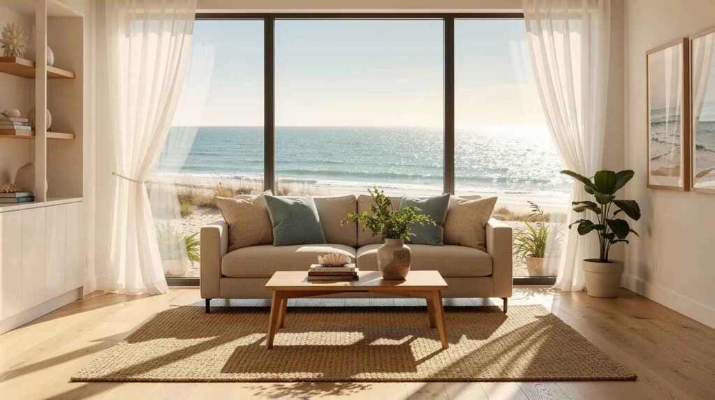 The image depicts a sunlit living room featuring large coastal windows that allow natural light to flood the space, enhancing its functionality and appearance. This inviting atmosphere showcases a professional service that provides window tinting solutions to protect against harmful UV rays and glare, ensuring comfort and energy savings for families in Delray Beach.