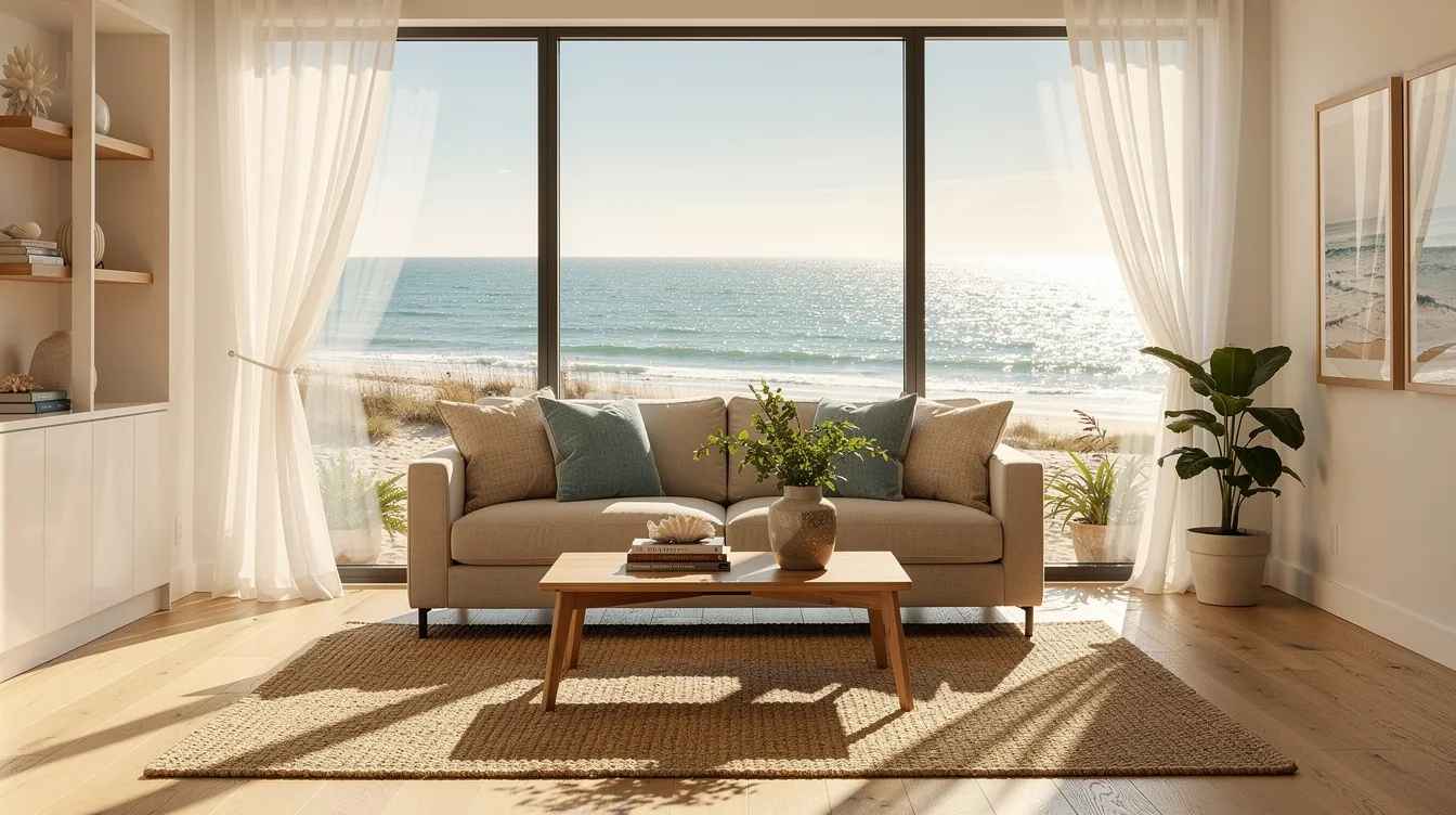 The image depicts a sunlit living room featuring large coastal windows that allow natural light to flood the space, enhancing its functionality and appearance. This inviting atmosphere showcases a professional service that provides window tinting solutions to protect against harmful UV rays and glare, ensuring comfort and energy savings for families in Delray Beach.