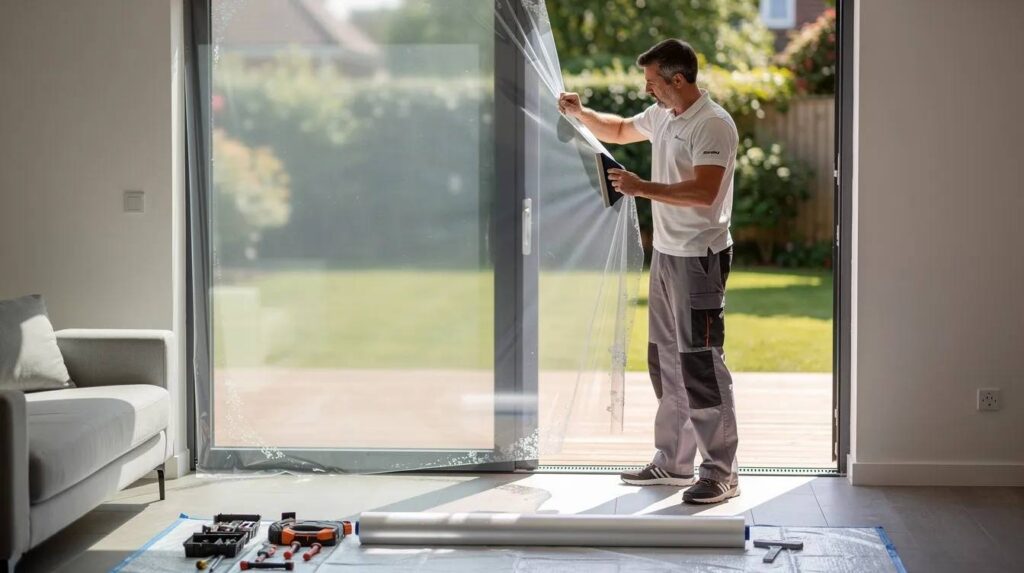 A technician is carefully applying window film to a residential glass door, showcasing their professionalism and expertise in window tinting services. This process enhances the door's functionality by providing glare reduction and protection from harmful UV rays, ensuring customer satisfaction in Delray Beach.
