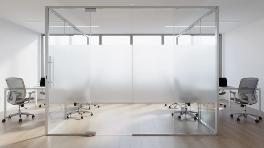 The image showcases a modern office space featuring glass partitions adorned with frosted privacy film, allowing natural light to filter through while ensuring privacy. This design not only enhances the aesthetics of the workspace but also provides benefits such as glare reduction and UV protection, making it a practical choice for commercial properties.