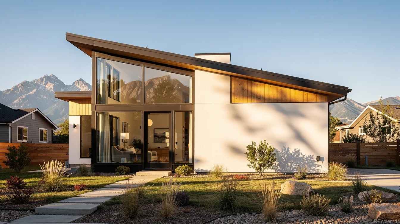A modern Denver home features large sunny windows that fill the space with natural light, highlighting the beautiful mountain views. The windows are enhanced with window film installation for energy efficiency and glare reduction, providing both comfort and protection against the Colorado sun.