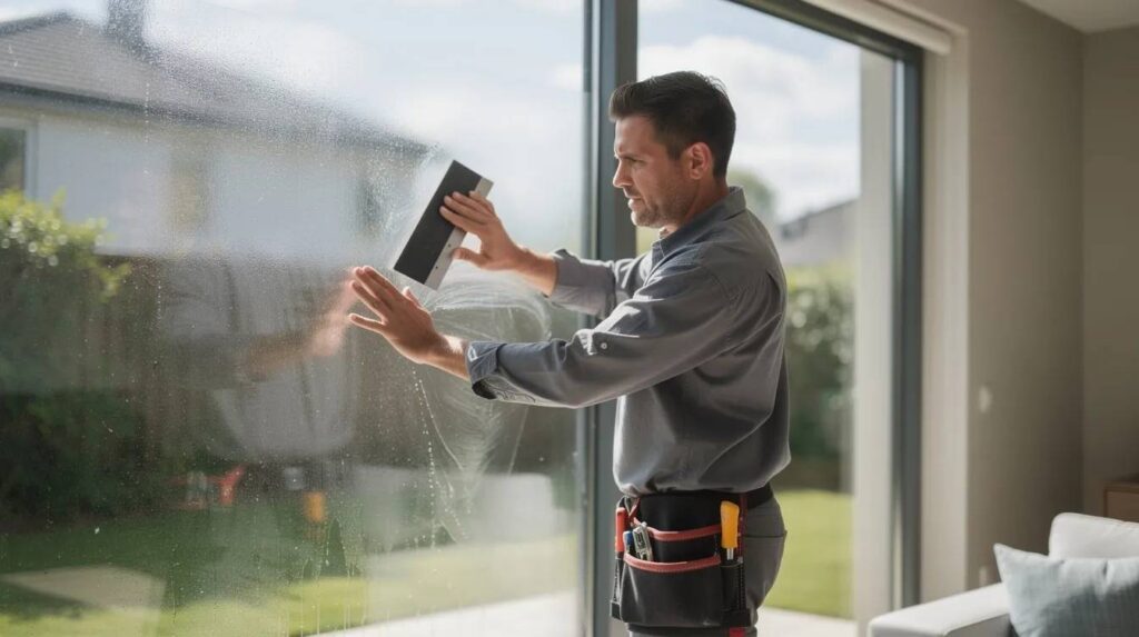 An installer is smoothing window film on a large home window with a squeegee, ensuring a seamless application that will enhance energy efficiency and reduce glare from direct sunlight. This professionally installed window film provides UV protection and helps maintain comfortable indoor temperatures while allowing natural light to enter.
