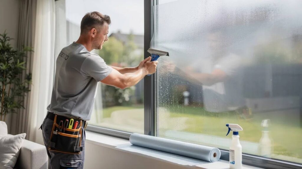 A professional installer is smoothing window film on a residential glass window using a squeegee, showcasing the process of residential window tinting. This installation helps to reduce glare and protect against harmful UV rays while enhancing the aesthetic appeal of the home in Boca Raton, FL.