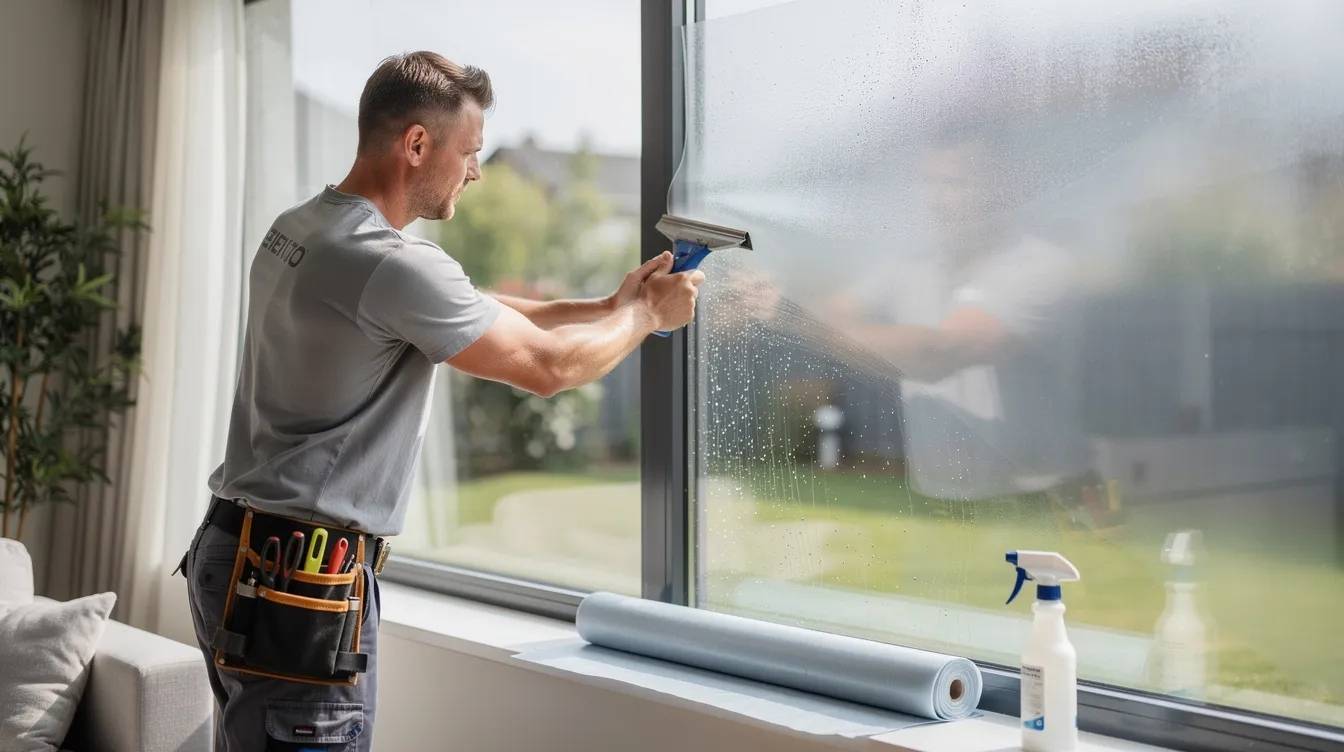 A professional installer is smoothing window film on a residential glass window using a squeegee, showcasing the process of residential window tinting. This installation helps to reduce glare and protect against harmful UV rays while enhancing the aesthetic appeal of the home in Boca Raton, FL.