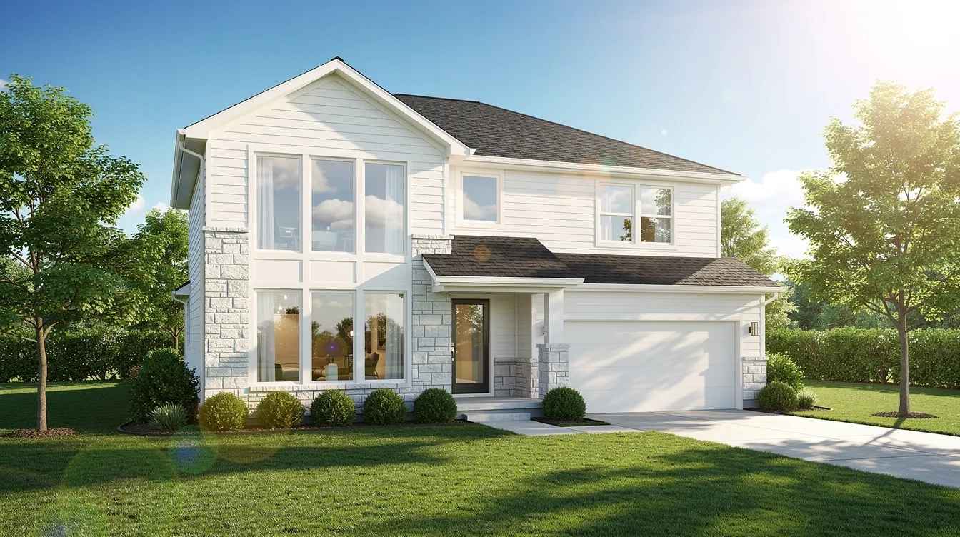 A bright suburban home exterior showcases large windows reflecting sunlight on a warm summer day, emphasizing the beauty of the house while highlighting the potential benefits of home window tinting for energy efficiency and glare reduction. This inviting scene suggests a comfortable living space where homeowners can enjoy the outdoors while maintaining privacy and reducing heat.