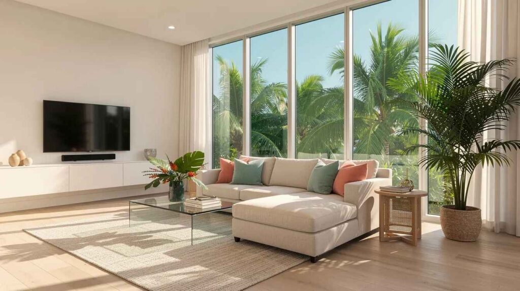 This image depicts a bright and airy living room in Boca Raton, featuring large tinted windows that provide a stunning view of palm trees outside. The window film enhances energy efficiency by reducing glare and protecting against harmful UV rays while allowing natural light to fill the space.