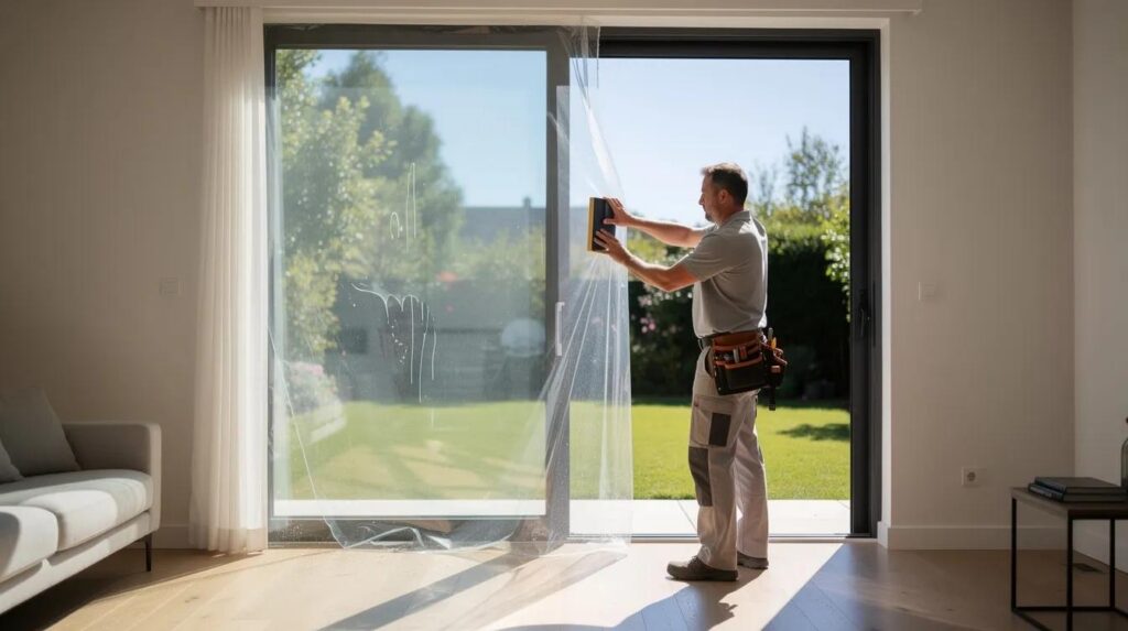 A professional installer is applying clear window film to a large sliding glass door in a sunny home, enhancing energy efficiency by reducing heat and glare while allowing natural light to enter. This residential window tinting project aims to protect the interior from harmful UV rays and improve overall comfort in the living space.
