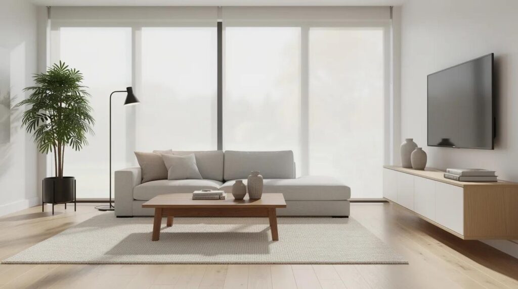 A modern living room features large, bright windows softened by a subtle window tint, allowing natural light to fill the space while reducing glare and harmful UV rays. The professionally installed window film enhances energy efficiency, contributing to lower energy costs and comfort in the home.