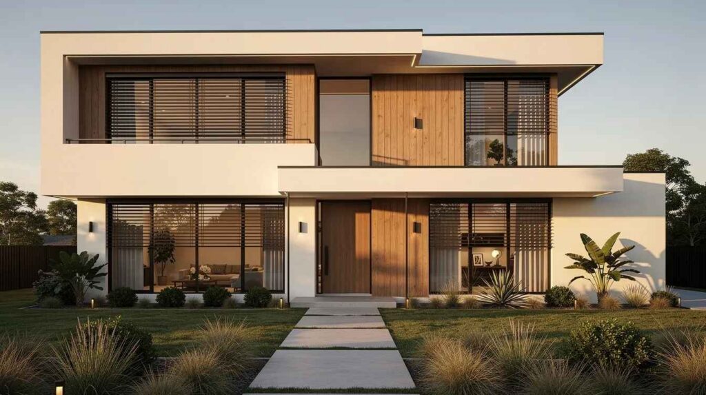 The image depicts a modern home exterior featuring tinted windows that provide shade and enhance privacy, effectively deterring prying eyes while offering protection from harmful UV rays. This stylish design not only improves the home's appearance but also contributes to energy savings and glare reduction in Delray Beach, South Florida.