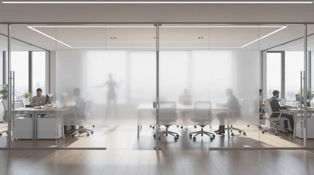 The image depicts a modern office featuring sleek floor-to-ceiling glass partitions that can switch between clear and frosted states using innovative smart film technology. This design allows for instant privacy in meeting rooms while enhancing energy efficiency and providing UV protection from harmful sunlight.