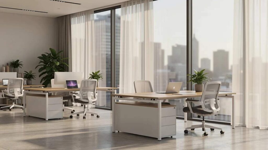 The image depicts a modern downtown office interior bathed in soft sunlight filtering through large glass windows. The space features contemporary furnishings and a bright atmosphere, highlighting the benefits of window film installation for glare reduction and energy efficiency in commercial properties.