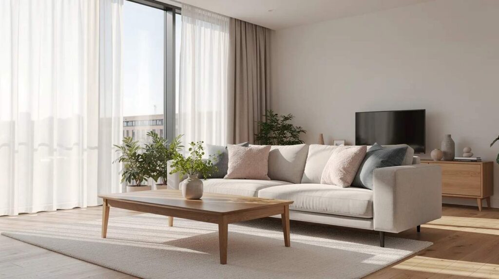 The image depicts a sunny modern living room featuring large windows that allow soft filtered daylight to illuminate the space. The windows are likely equipped with photochromic window film, which automatically adjusts to external light conditions, providing UV protection and reducing glare while enhancing energy efficiency.