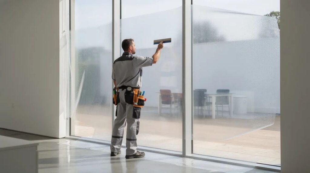 A technician is applying a clear photochromic window film to a large glass window in a bright room, enhancing energy efficiency and providing UV protection against harmful rays. The installation aims to improve comfort by reducing glare and controlling heat while allowing natural light to enter the space.
