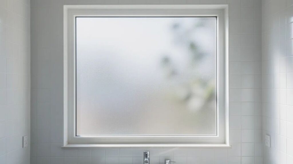 The image features a bathroom window adorned with frosted privacy window film, allowing soft natural light to filter through while ensuring privacy. This residential window film not only enhances indoor comfort but also protects against harmful UV rays, making it a stylish and practical choice for home window tinting.
