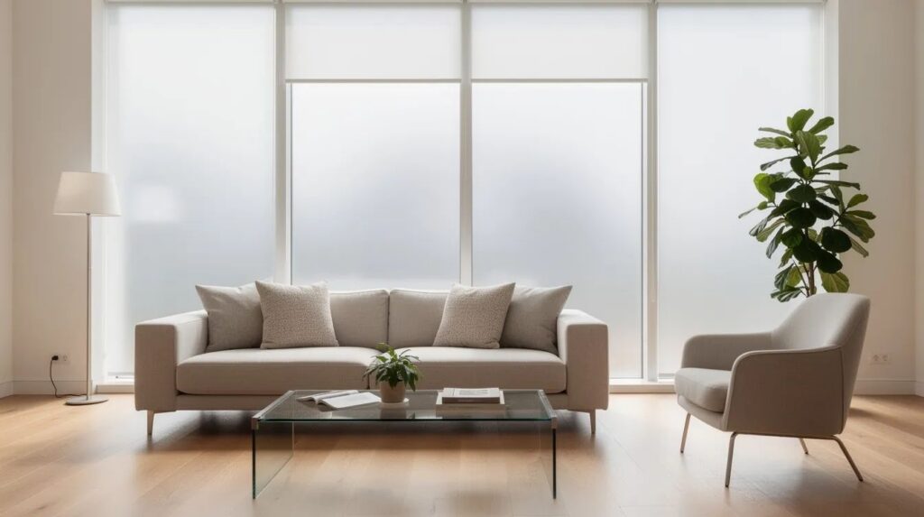 A bright living room features large windows covered in smart film, which filters sunlight while providing UV protection and enhancing energy efficiency. The modern design and sleek appearance of the smart film glass create an inviting space, perfect for relaxation or private meetings.