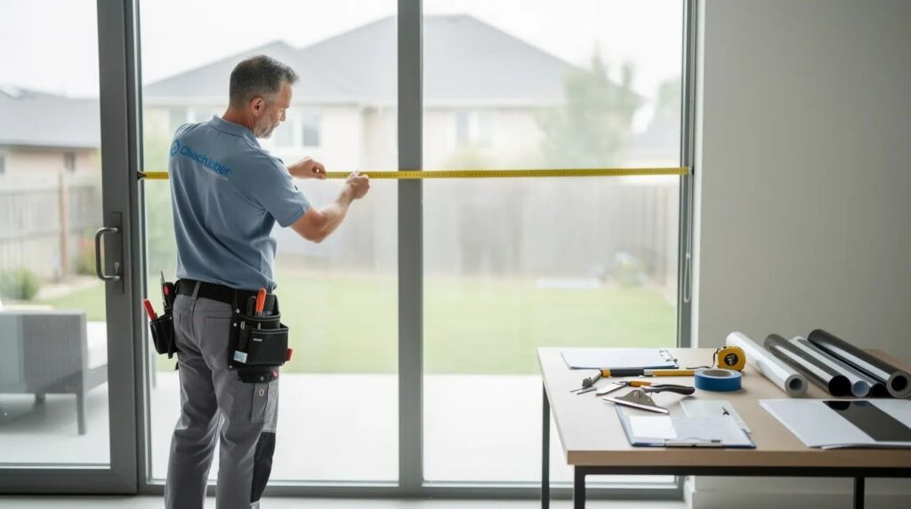 A professional installer is measuring a large home window, surrounded by various tools and film samples on a nearby table. This scene highlights the expertise involved in home window tinting services, showcasing the installation process aimed at improving energy efficiency and comfort for homeowners.