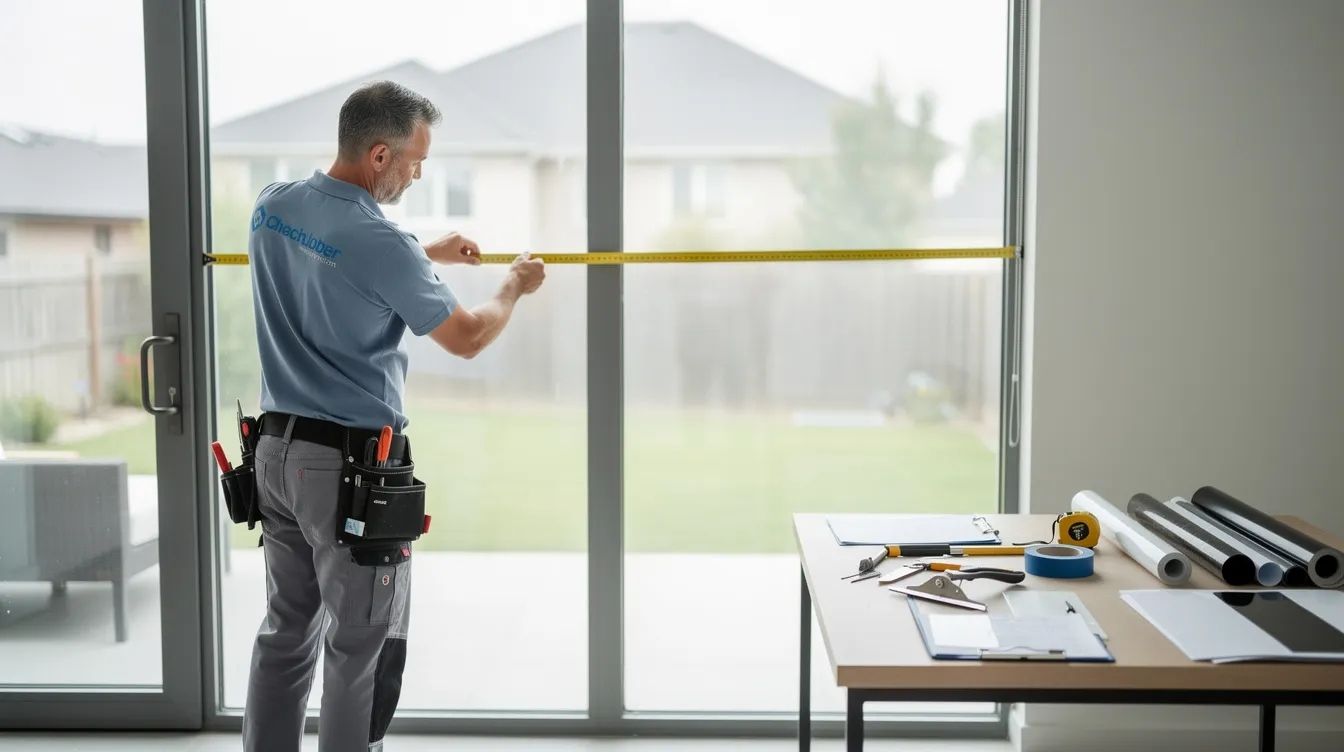 A professional installer is measuring a large home window, surrounded by various tools and film samples on a nearby table. This scene highlights the expertise involved in home window tinting services, showcasing the installation process aimed at improving energy efficiency and comfort for homeowners.