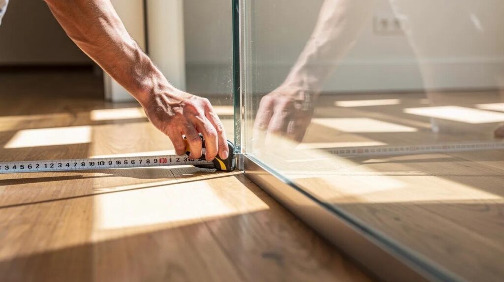 A professional is closely measuring a large window pane, with sunlight streaming through and casting warm light onto a wooden floor. This scene highlights the importance of natural light in modern homes while considering energy efficiency and the potential installation of window film to reduce glare and harmful UV rays.
