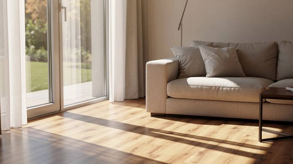 The image shows bright sunlight streaming through large residential windows, casting warm light onto a hardwood floor and a cozy couch, creating an inviting atmosphere. This scene highlights the benefits of residential window tinting, which can enhance indoor comfort by reducing glare and protecting furniture from harmful UV rays.