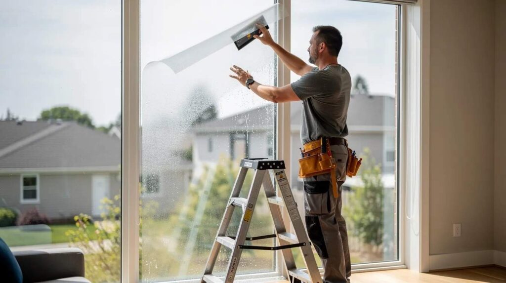 A professional installer is carefully applying window film to a tall residential window using a squeegee, ensuring a smooth finish that enhances energy efficiency by blocking harmful UV rays and reducing glare. The installation process highlights the importance of natural light while providing a privacy solution for street-facing windows in modern homes.