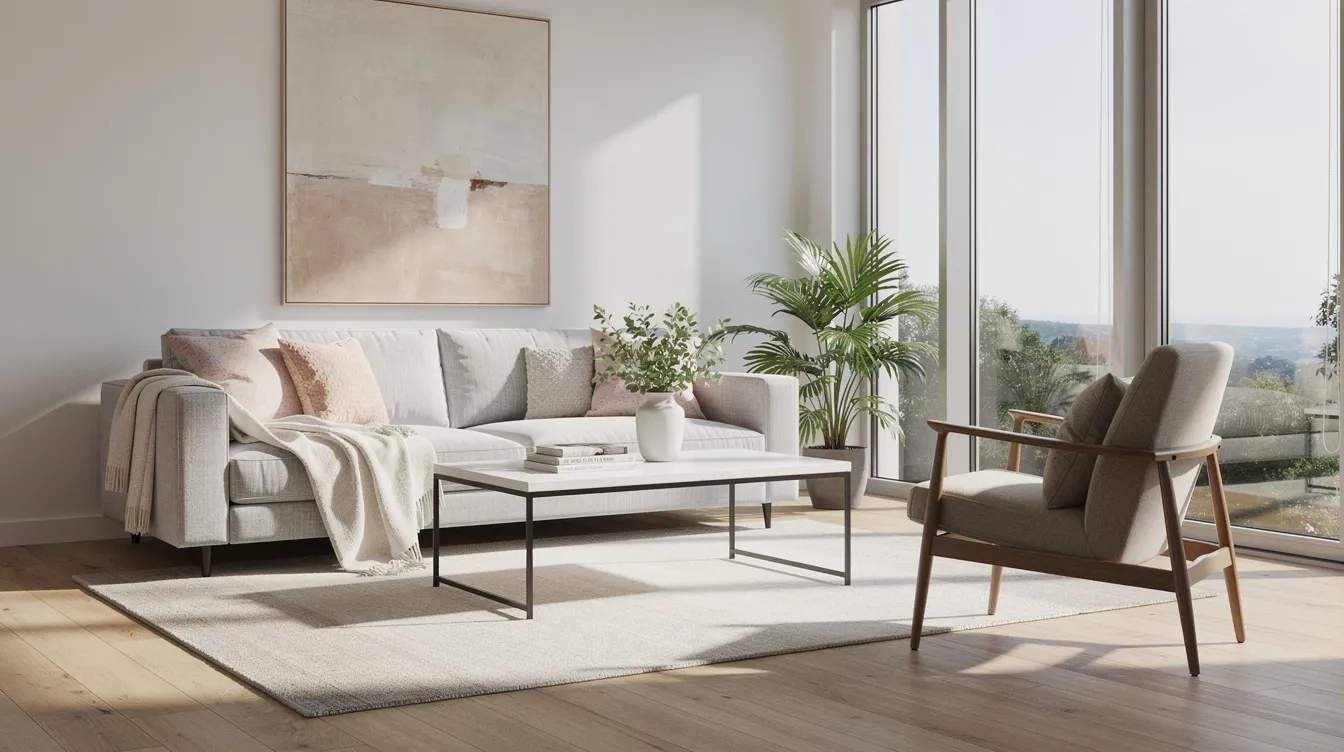 A bright modern living room features three large floor-to-ceiling windows that allow soft natural light to fill the space, showcasing comfortable furniture and a stylish interior. This design not only enhances energy efficiency but also provides a privacy solution with the potential installation of window film to reduce glare and protect against harmful UV rays.