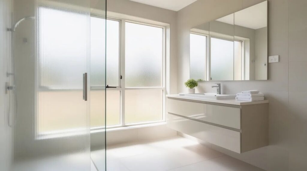 A bright home bathroom features frosted glass surfaces that provide privacy while allowing natural light to filter through, creating a serene atmosphere. The smart film technology enhances the space with instant privacy control, making it a stylish and functional choice for modern living.
