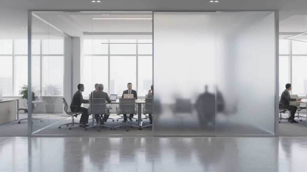 The image depicts an office glass wall transitioning from a transparent state to an opaque state, showcasing smart film technology that allows for instant privacy control. This switchable smart film enhances conference rooms by providing privacy while still allowing natural light to filter through when needed.