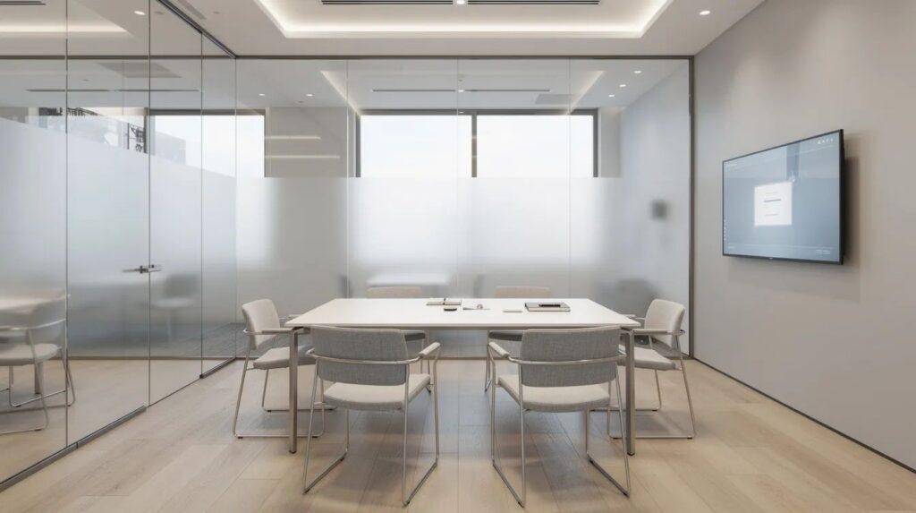 A modern glass meeting room features frosted privacy panels made with smart film technology, providing instant privacy control while allowing natural light to illuminate the clean, minimalist furniture. The space is designed for energy efficiency and optimal light transmission, making it ideal for commercial use.