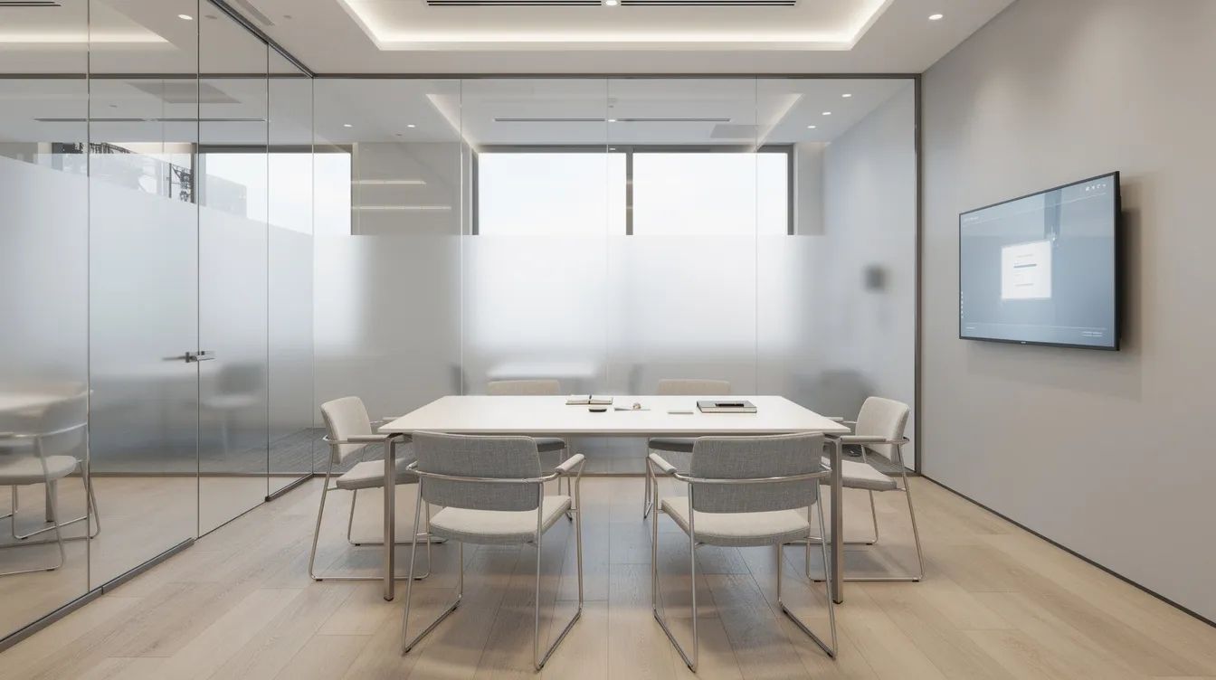 A modern glass meeting room features frosted privacy panels made with smart film technology, providing instant privacy control while allowing natural light to illuminate the clean, minimalist furniture. The space is designed for energy efficiency and optimal light transmission, making it ideal for commercial use.