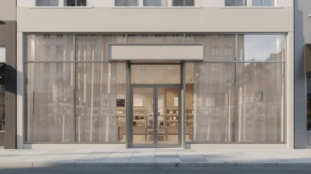 The image depicts a sleek retail storefront featuring modern tinted windows that allow soft daylight to filter through, enhancing the space while providing UV protection and glare reduction. The clean design highlights the benefits of commercial window tinting, making it an energy-efficient choice for businesses looking to reduce heating costs and energy bills.