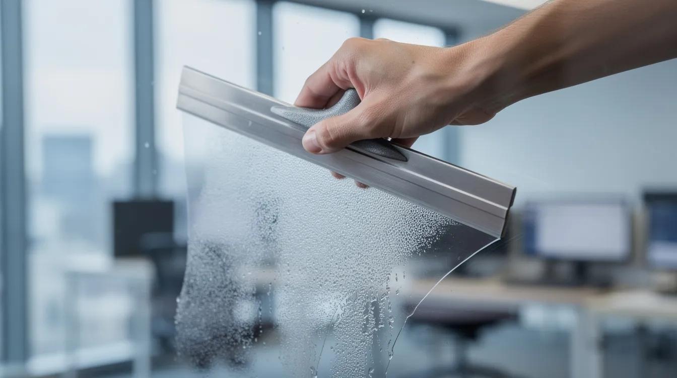 A close-up shot captures a professional squeegee expertly smoothing window film onto pristine office glass, showcasing the meticulous installation process aimed at enhancing energy efficiency and reducing glare. This window tinting technique not only protects against UV rays but also improves the overall comfort of the commercial space by controlling natural light.