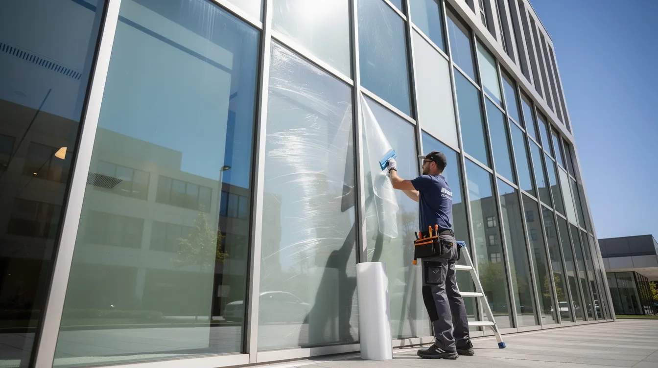 A professional installer is carefully applying window film to a large commercial glass facade on a sunny day, enhancing energy efficiency and reducing glare while allowing natural light to filter through. This installation process not only improves the building's aesthetics but also provides benefits such as UV protection and heat reduction for the commercial space.