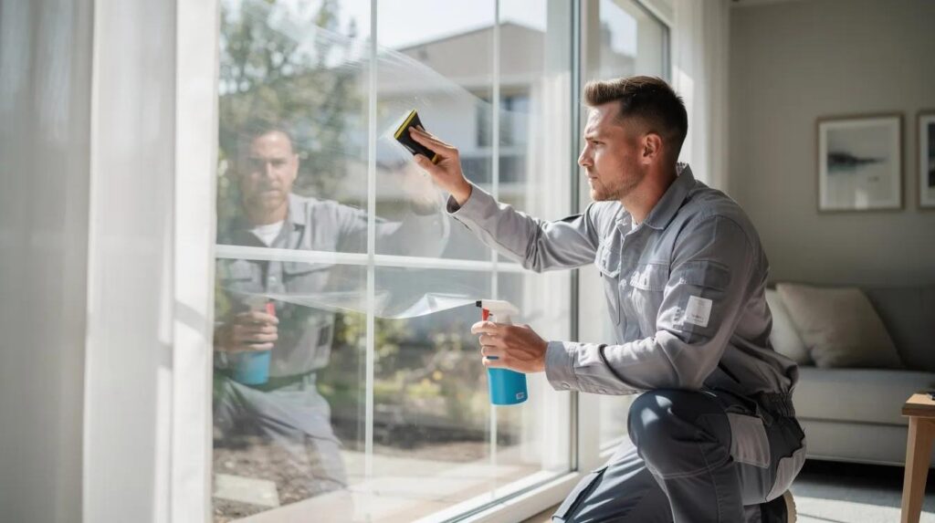 A professional installer is diligently applying residential window film to a large window from inside a home, ensuring optimal coverage for UV protection and glare reduction. This installation enhances energy efficiency while allowing natural light to filter through, contributing to lower energy costs and improved comfort in the living space.