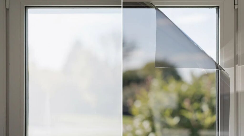 The image features a close-up of a window showcasing a clear contrast between the treated half, which has a residential window film applied, and the untreated half, highlighting the benefits of window tinting such as glare reduction and UV protection. The treated side demonstrates how the film can enhance energy efficiency by blocking harmful UV rays and reducing the sun's heat, while still allowing natural light to enter the room.