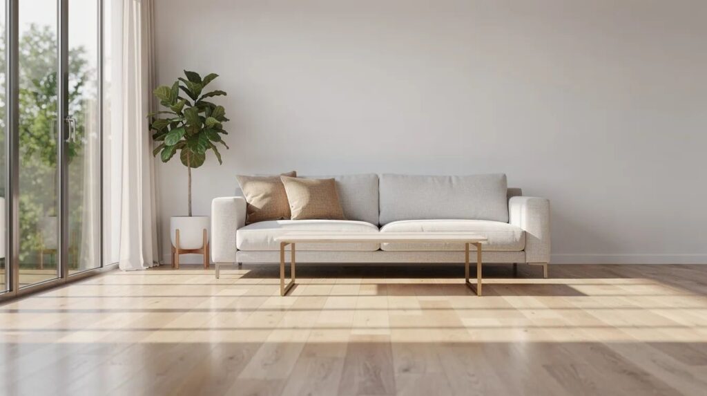 The image depicts a bright living room featuring large windows that allow natural light to flood in, illuminating the hardwood floors and a comfortable sofa. This space highlights the benefits of residential window tinting, as it offers protection from harmful UV rays while enhancing energy efficiency and reducing glare from direct sunlight.