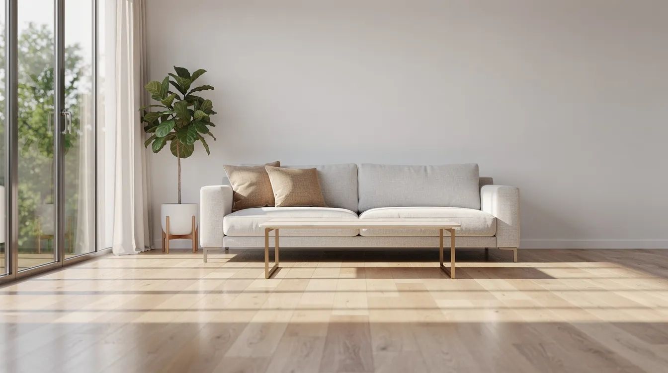 The image depicts a bright living room featuring large windows that allow natural light to flood in, illuminating the hardwood floors and a comfortable sofa. This space highlights the benefits of residential window tinting, as it offers protection from harmful UV rays while enhancing energy efficiency and reducing glare from direct sunlight.
